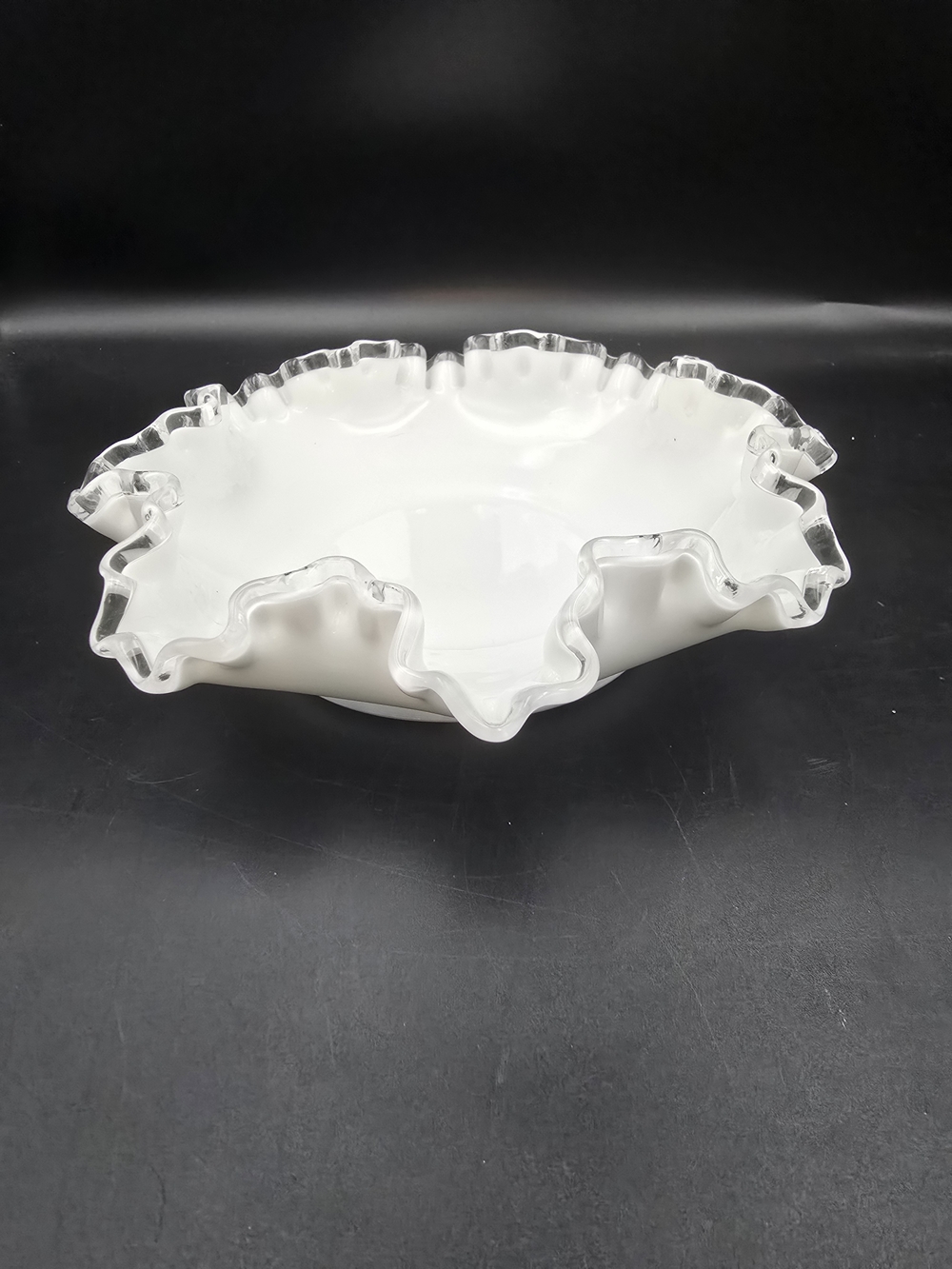 Fenton White Milk Glass Ruffled Bowl with Clear Crimped Edge